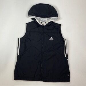 Adidas Vest Womens Medium Sleeveless Full Zip Hooded Black White Stripes